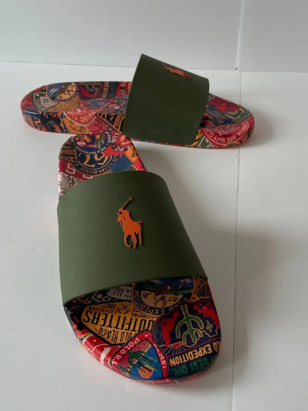 Polo Ralph Lauren Big Pony Print Slide Sandals Green Orange Patchwork Men US 15